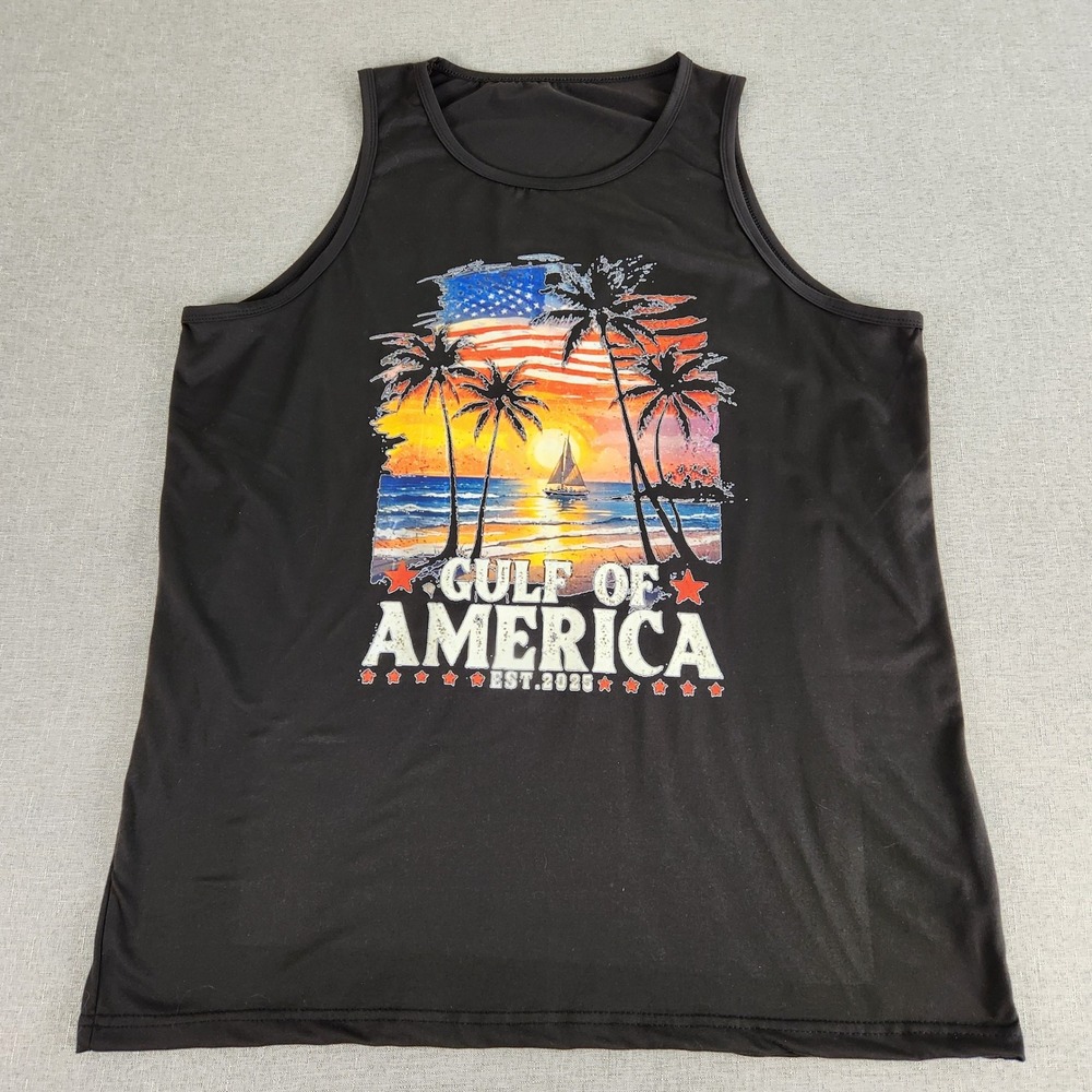 Gulf of America Est 2025 Tank Top Mens Black Tropical Sunset Sailboat Graphic